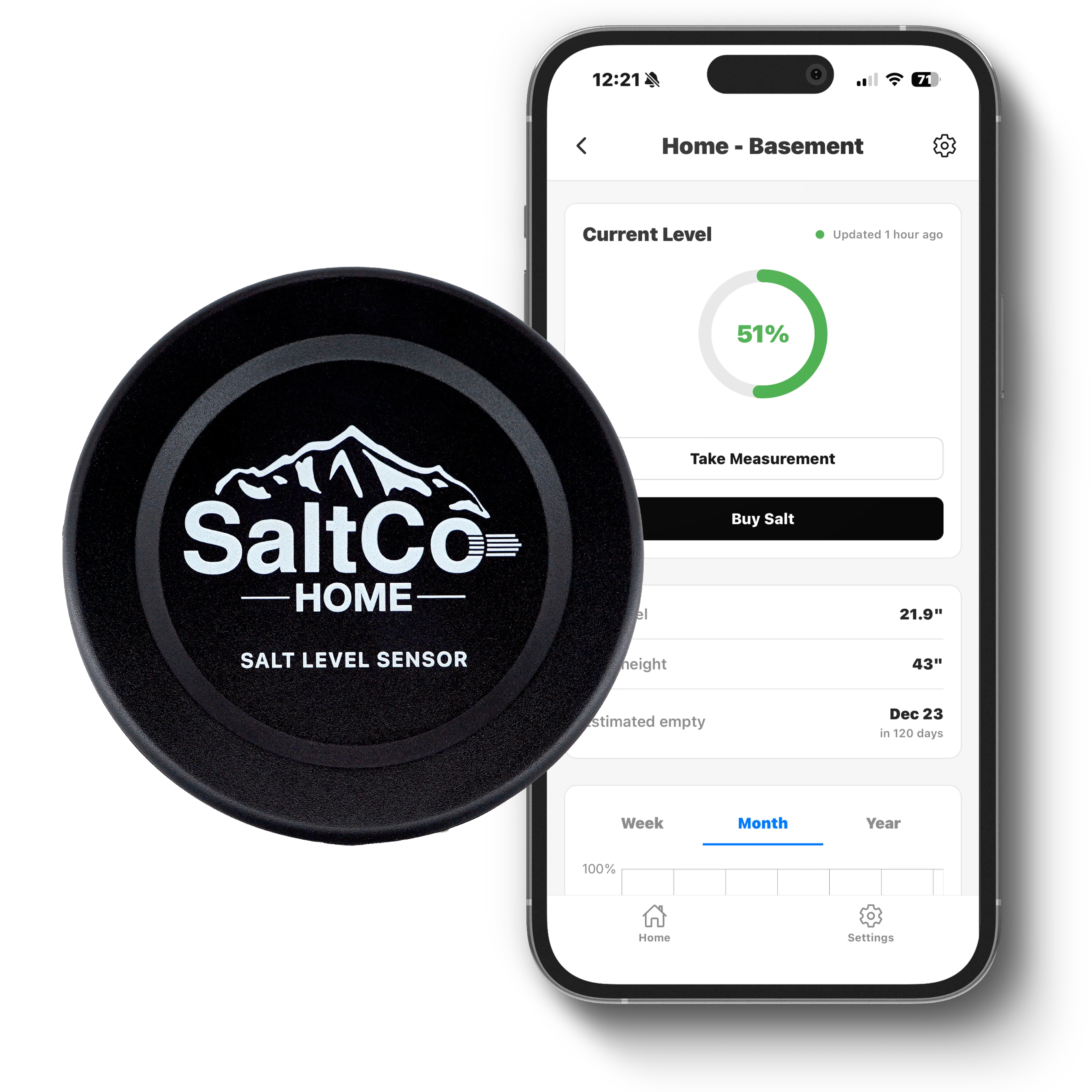 SaltCo Home Sensor and mobile app showing water softener salt level