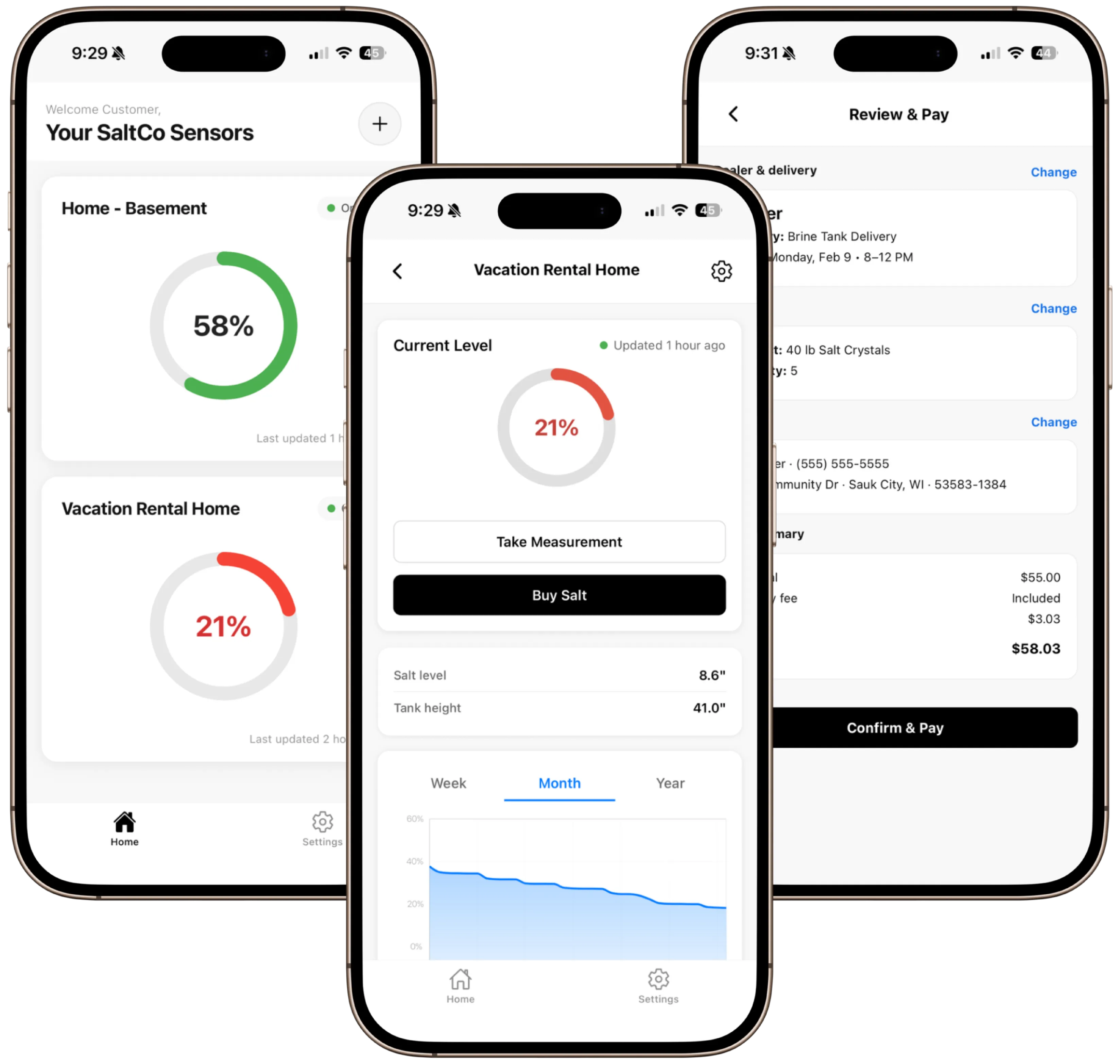 SaltCo Home App - Flow showing dashboard, tank details, buy salt, schedule, confirm, and review payment