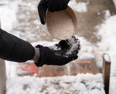 Person pouring salt on pathway